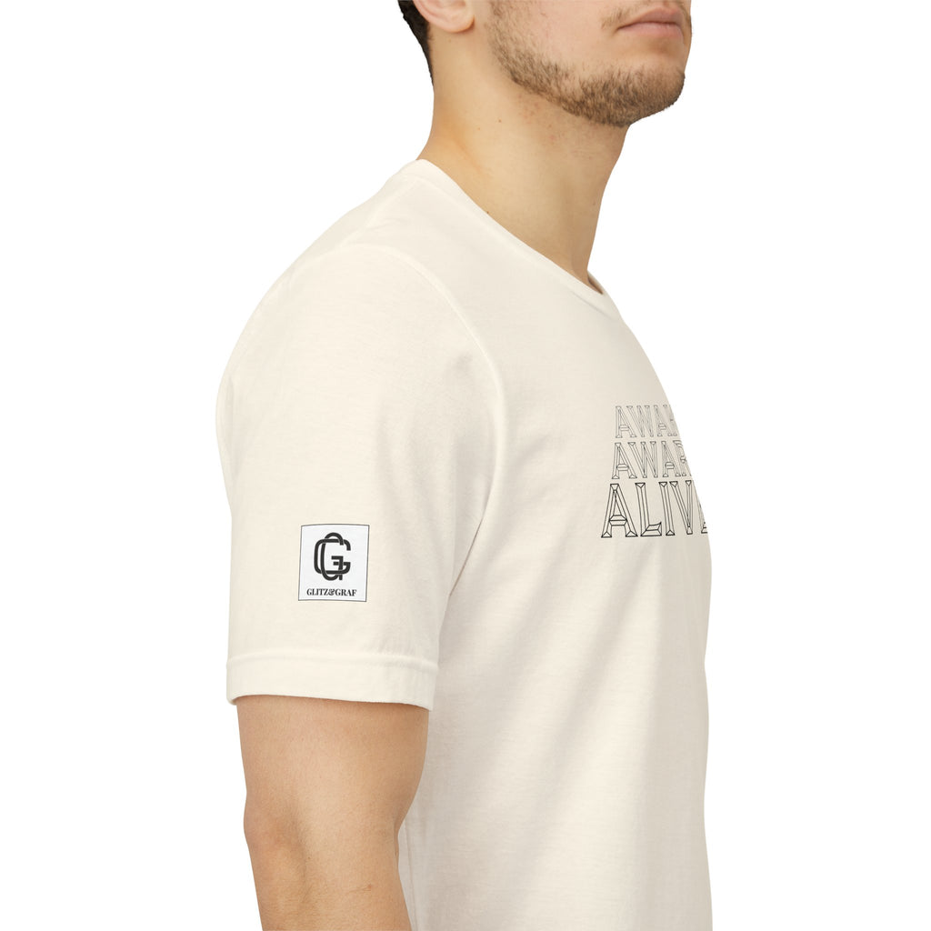 Natural color t-shirt with GLITZ&GRAF brand logo on right sleeve, and AWAKE AWARE ALIVE print on the chest, on a white background