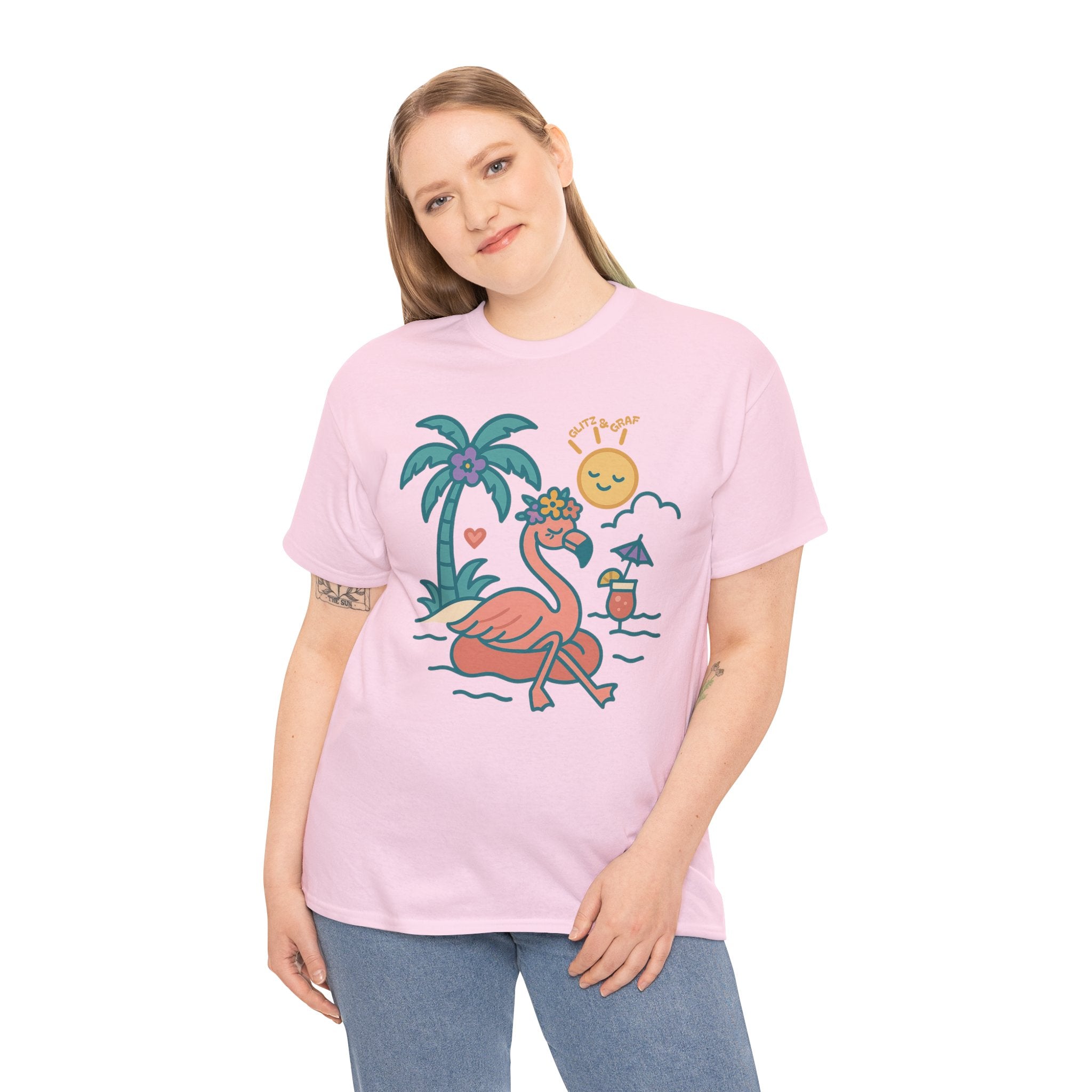Beach Vibes Flamingo – for Her | Unisex Heavy Cotton T-Shirt (Gildan 5000), 100% Cotton, S–5XL