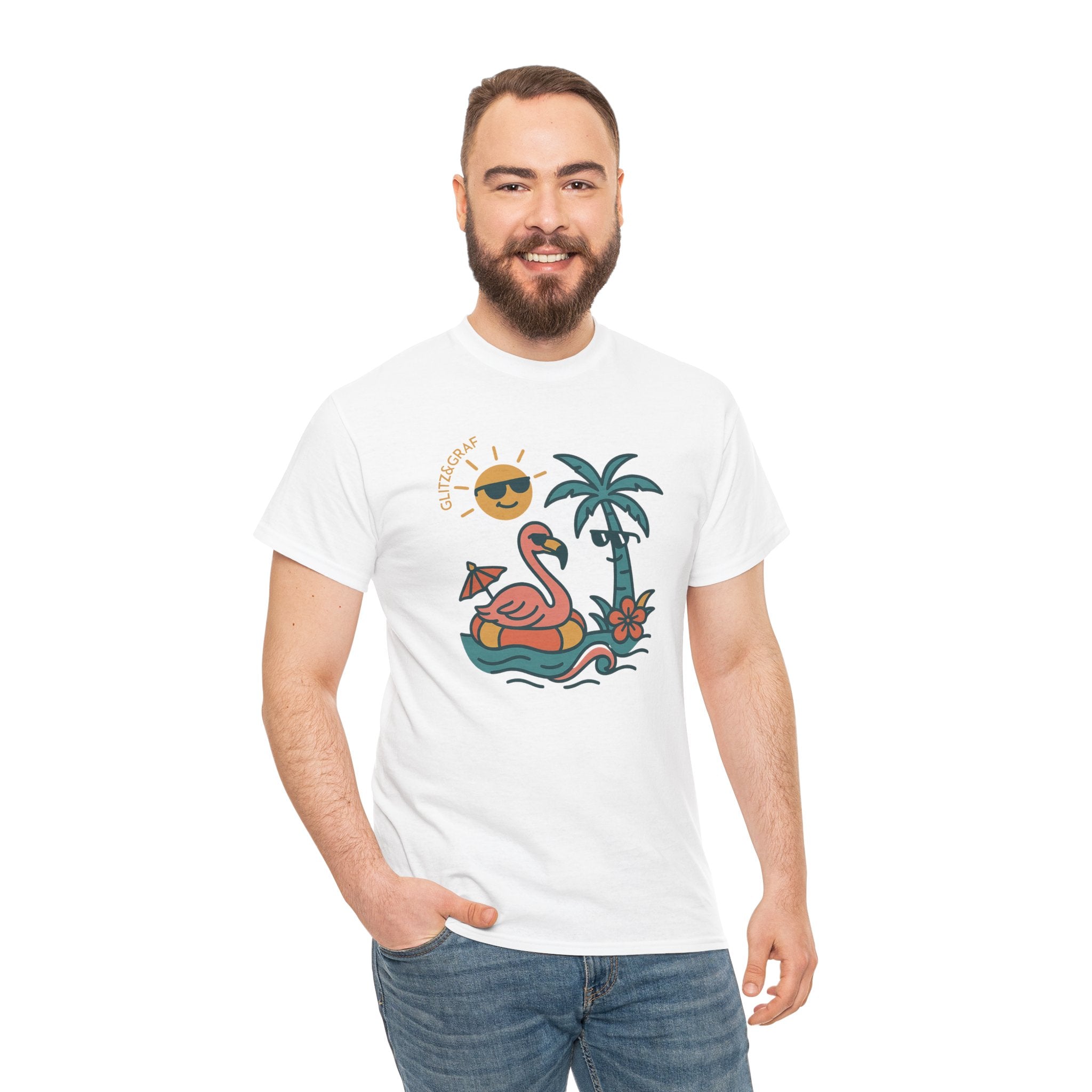 Tropical Flamingo — For Him | Unisex Heavy Cotton T-Shirt (Gildan 5000), 100% Cotton, S–5XL