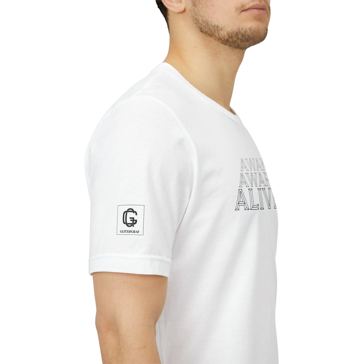 White t-shirt with GLITZ&GRAF brand logo on right sleeve, and AWAKE AWARE ALIVE print on the chest, on a white background