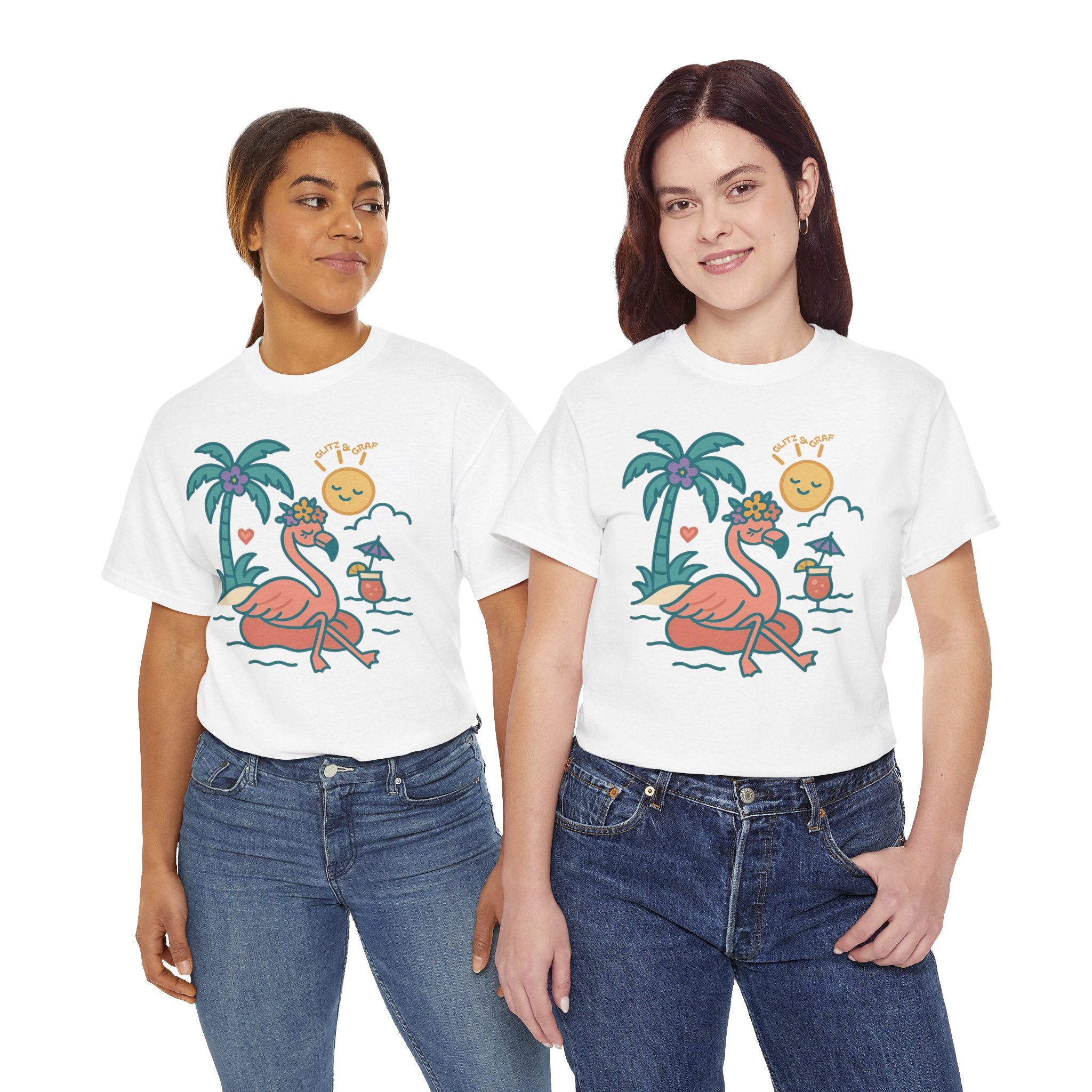 Beach Vibes Flamingo – for Her | Unisex Heavy Cotton T-Shirt (Gildan 5000), 100% Cotton, S–5XL