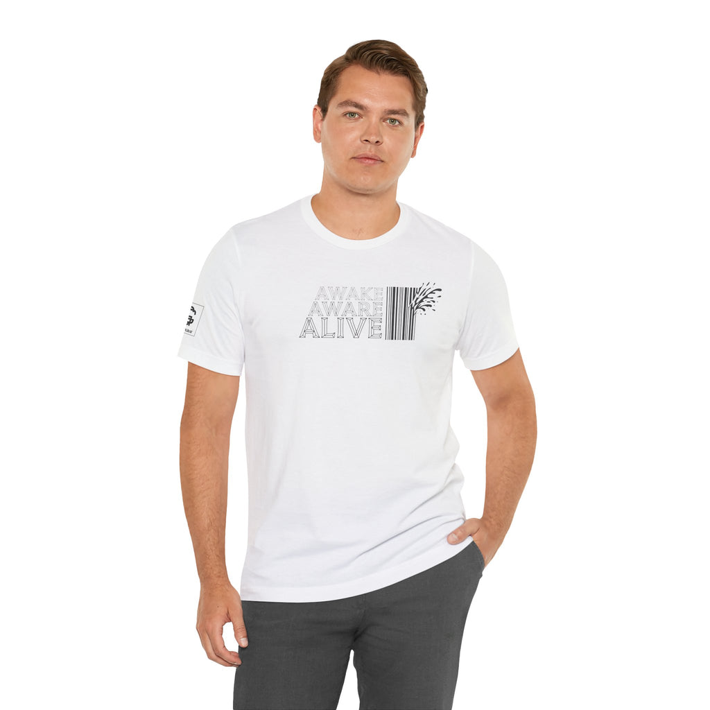 Man wearing white t-shirt with “Awake Aware Alive” text design, minimalist graphic with barcode element, modern aesthetic