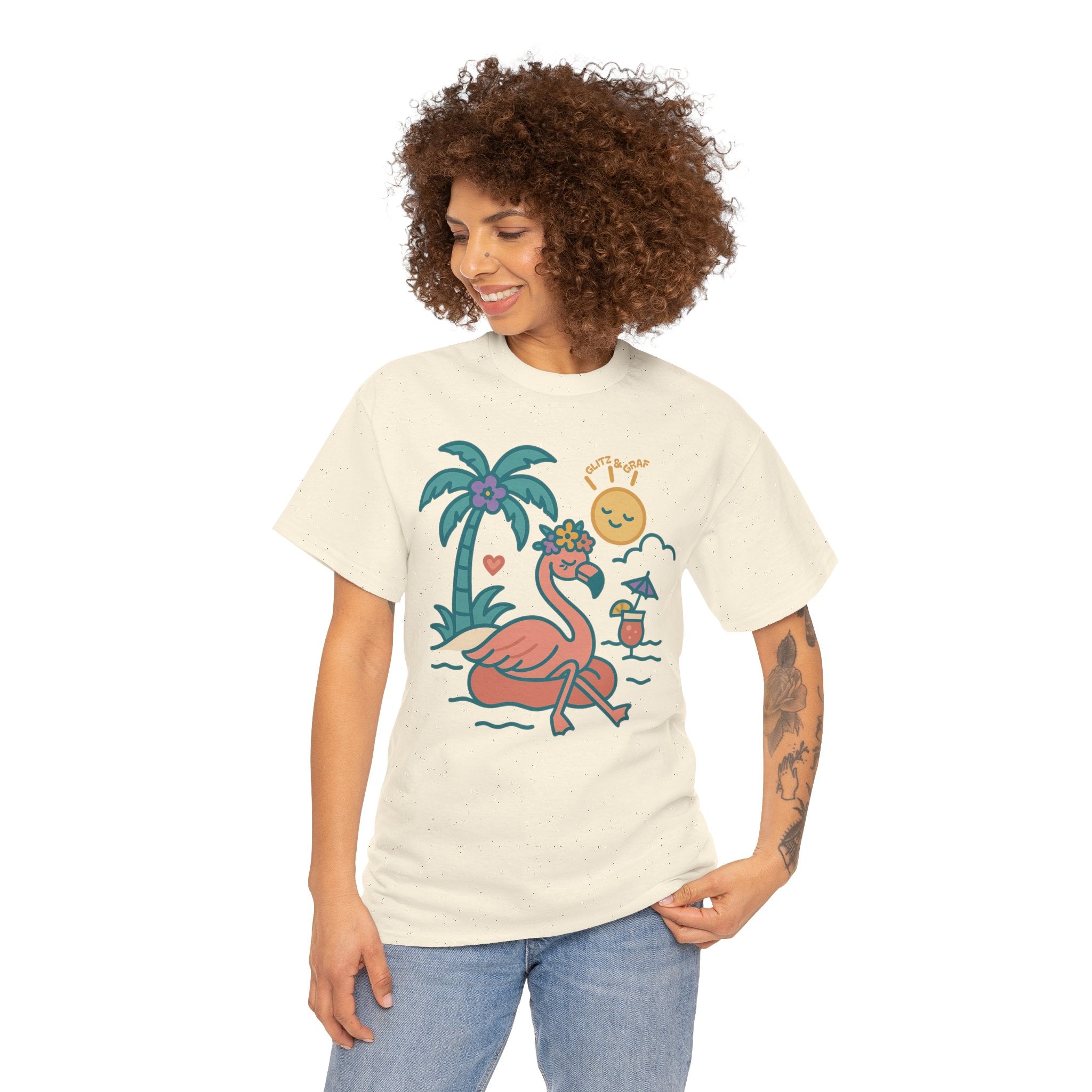 Beach Vibes Flamingo – for Her | Unisex Heavy Cotton T-Shirt (Gildan 5000), 100% Cotton, S–5XL