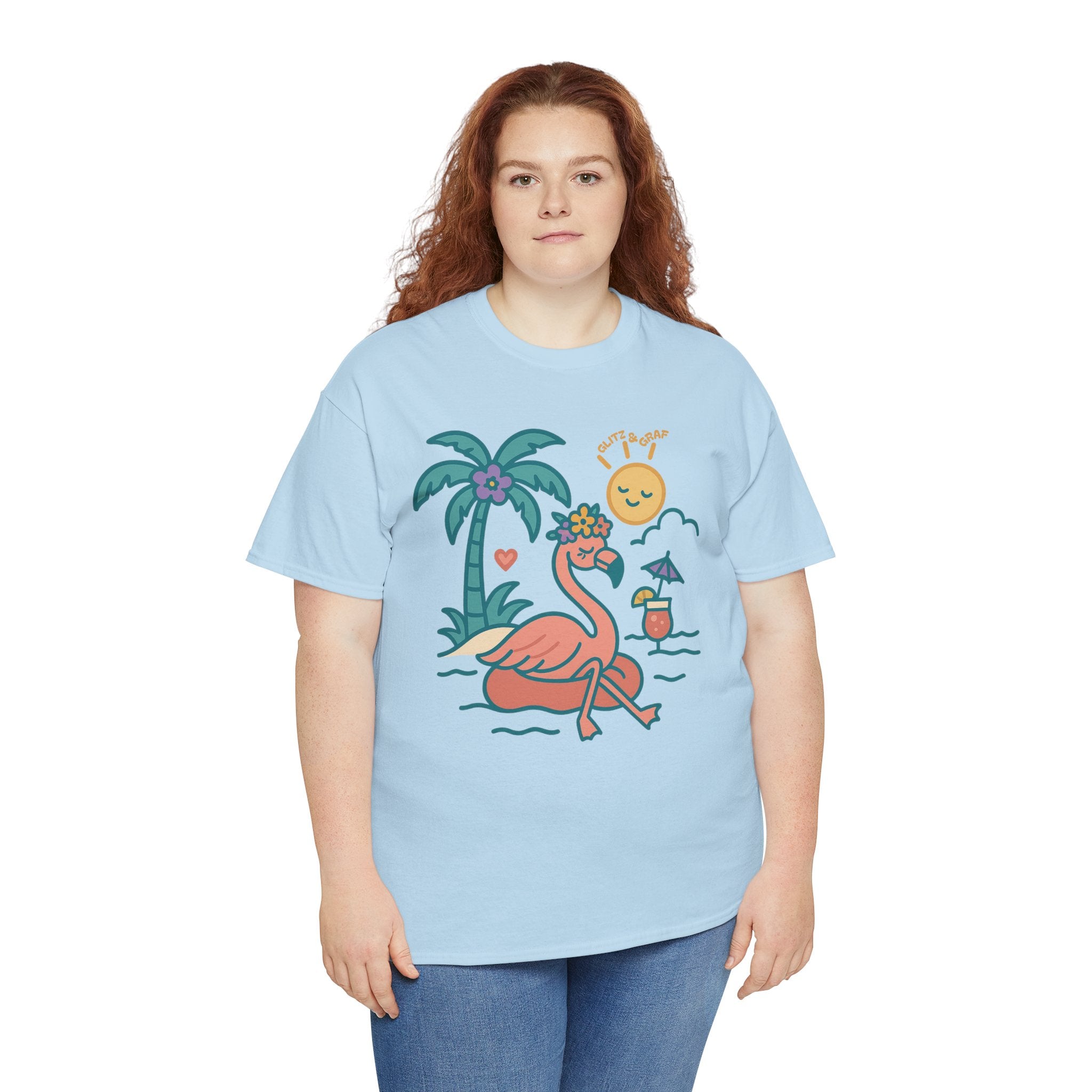Beach Vibes Flamingo – for Her | Unisex Heavy Cotton T-Shirt (Gildan 5000), 100% Cotton, S–5XL